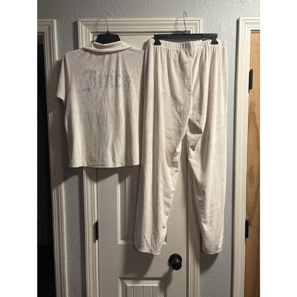 Juicy Couture Pajama Set Women Large Cream Velour Rhinestone 2pc Loungewear - Picture 10 of 10